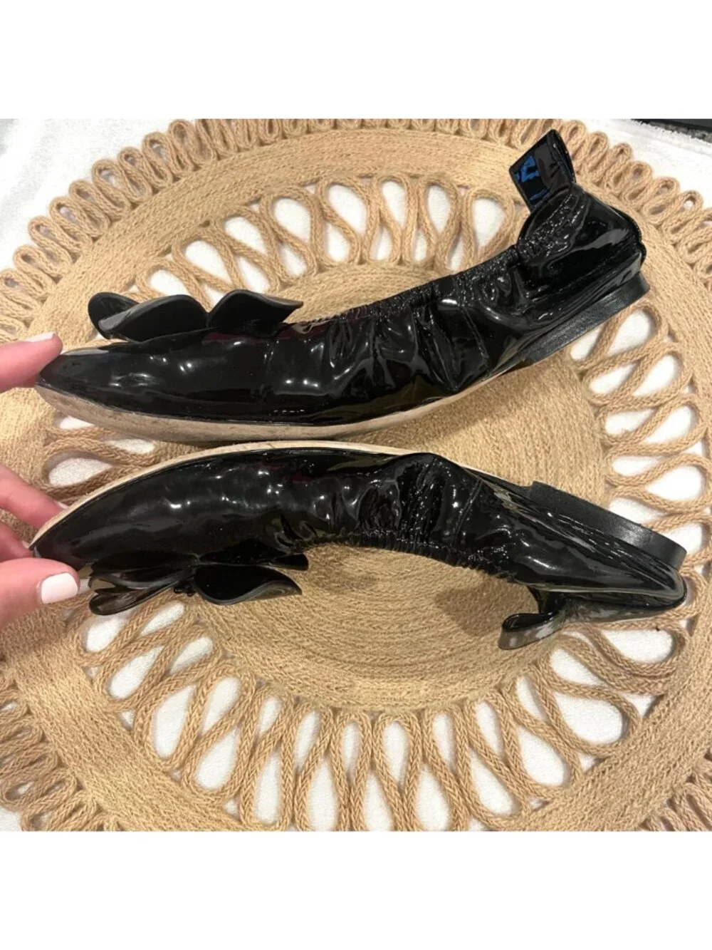 Tory Burch Floral Applique Patent Leather Ballet Flats Size 8 Black